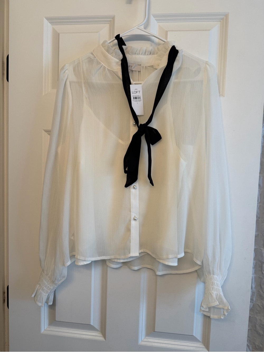 LOFT White Sheer Ruffled Tie-Neck Blouse with Black Bow NWT